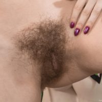 Dark haired European girl Gerda May revealing hairy pussy and tiny tits in pigtails