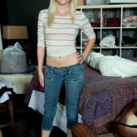 Young ash-blonde first-timer Stacy Kiss takes off her denim jeans plus a pink brassiere and panty set